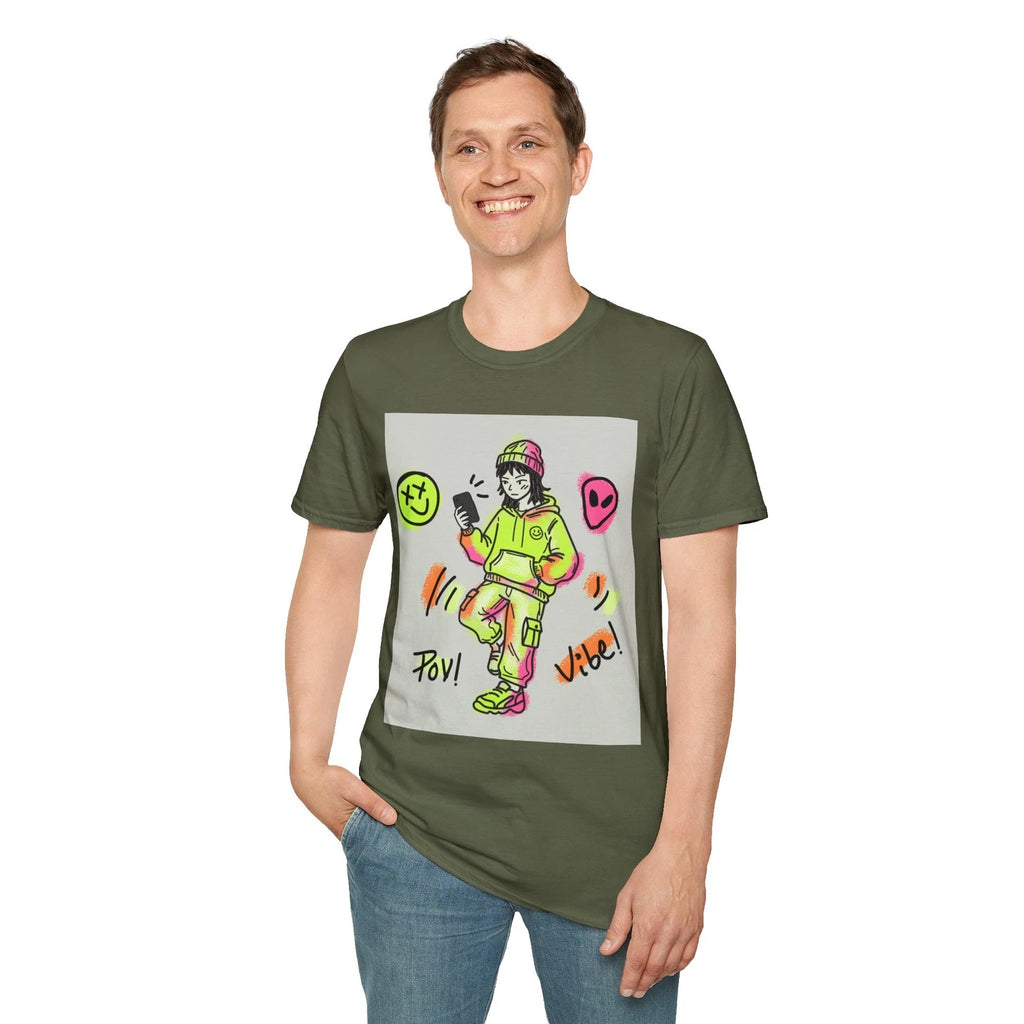 POV Vibe Skateboarder T-Shirt | Neon Street Art Graphic Tee (unisex)