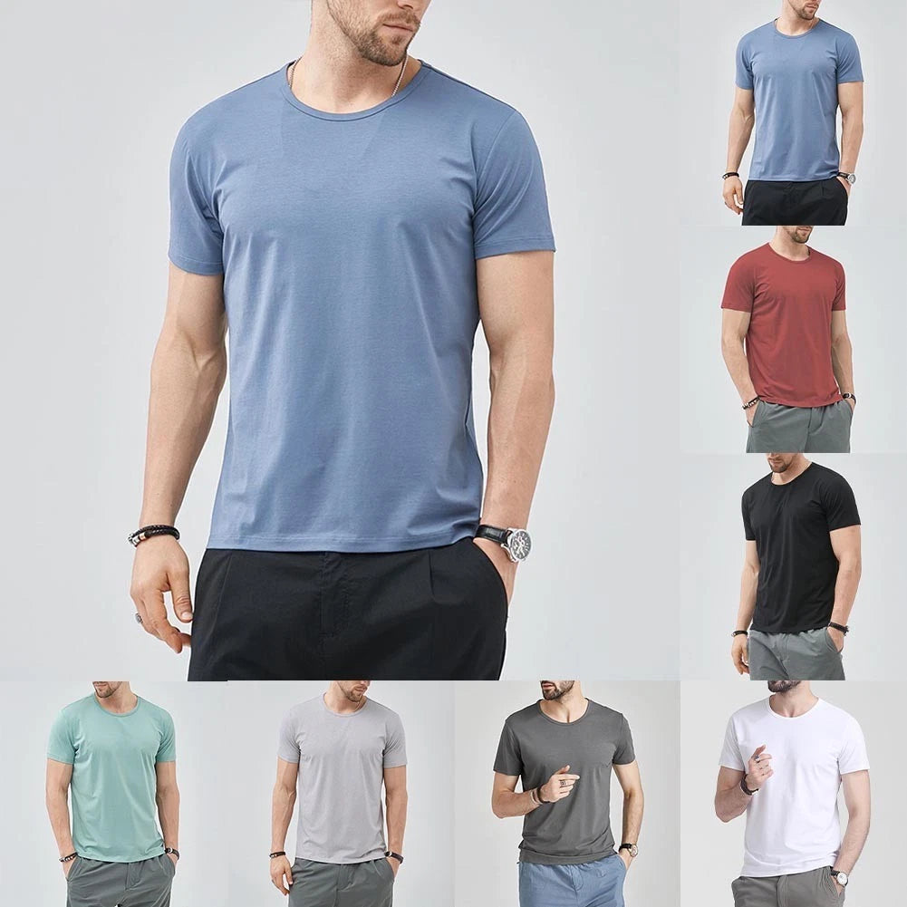 Simple Style Men Casual T-Shirt Simple Design Short Sleeve Solid Color