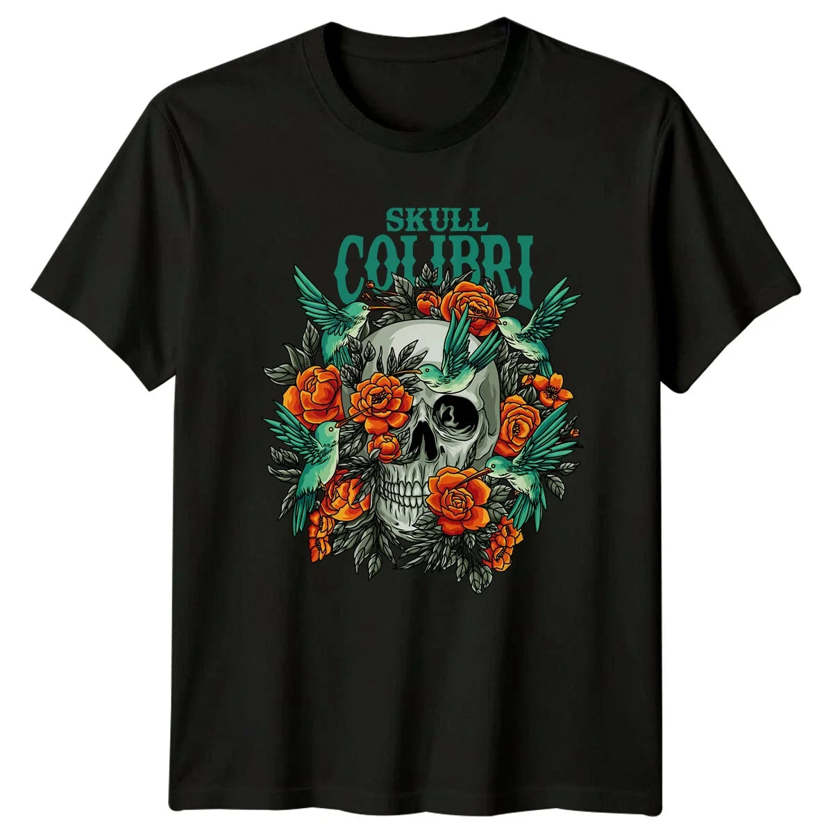 Skull Colibri Art Hummingbird Flower Mens T-Shirt Womens Graphic Tee Shirt
