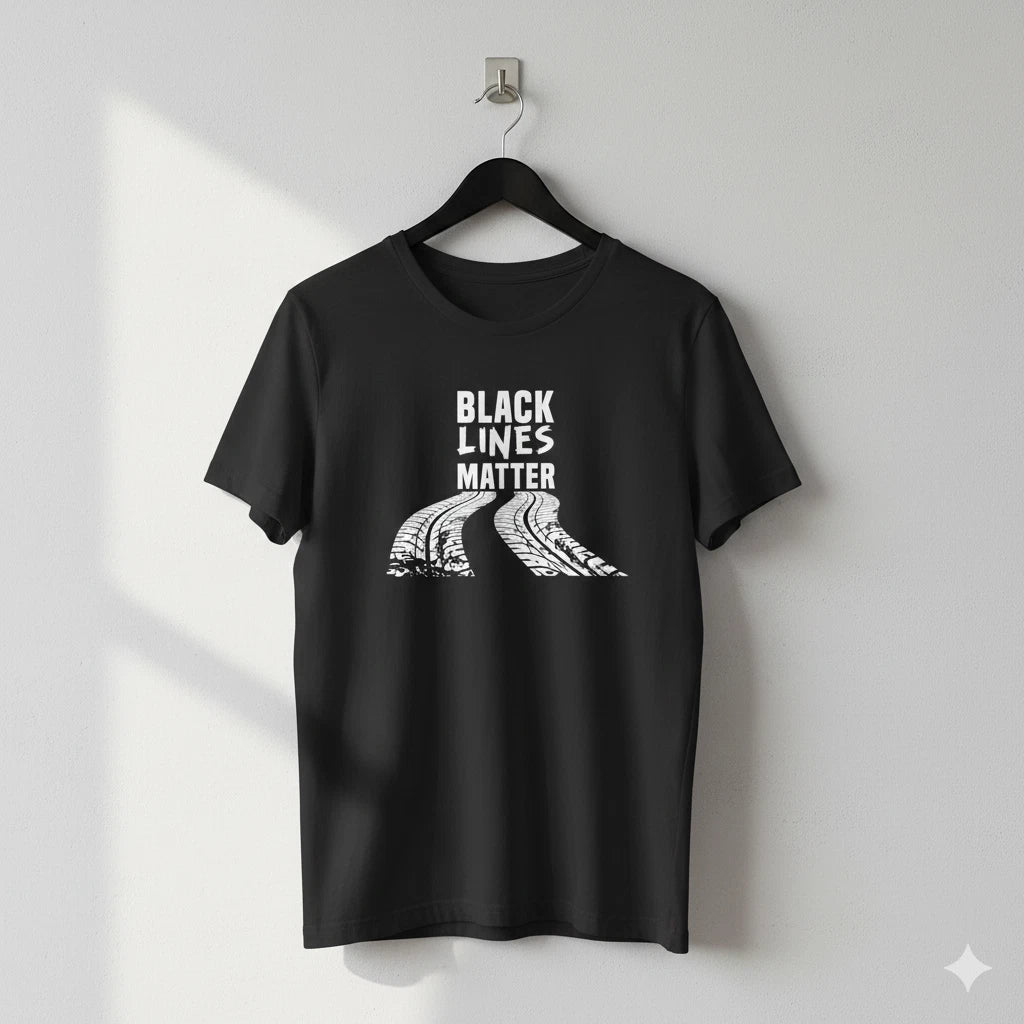 Black Lines Matter T-Shirt Black Graphic Tire Track Automotive Tee - T885