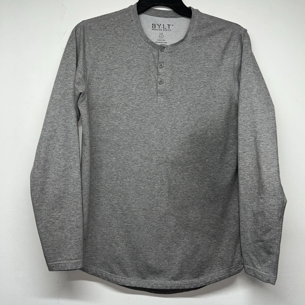 BYLT Premium Basics Lux Drop Cut Henley Long Sleeve Shirt Heather Gray Small