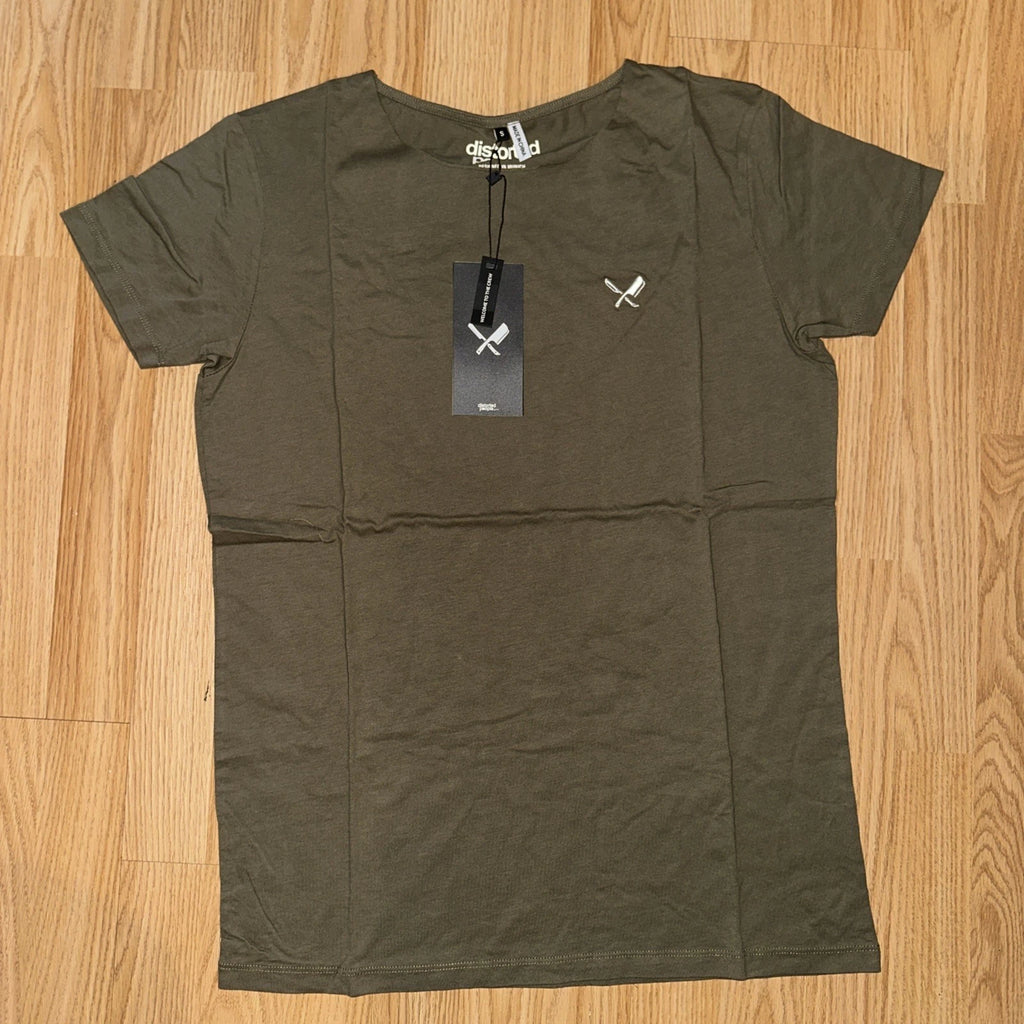 Distorted People T Shirt XL Olive Minimal Logo Cut Neck Small