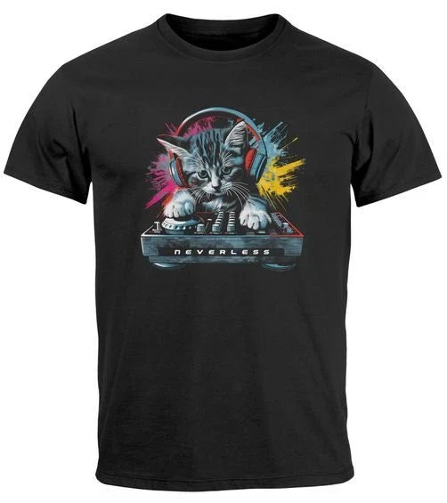 Mens T-Shirt Techno DJ Cat Electronic Music Rave Festival Print Shirt