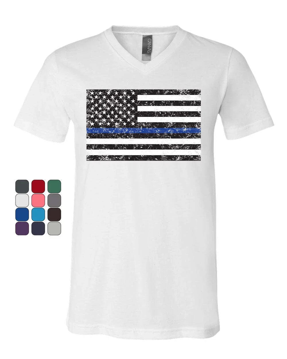 American Flag Thin Blue Line V-Neck T-Shirt Police USA Law Enforcement Tee