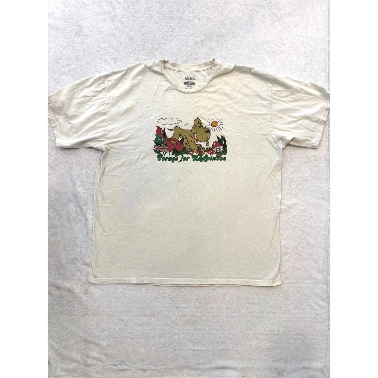 Vans Forage for Happiness Graphic T-Shirt Mens XL Cream Off White Dog Mushroom