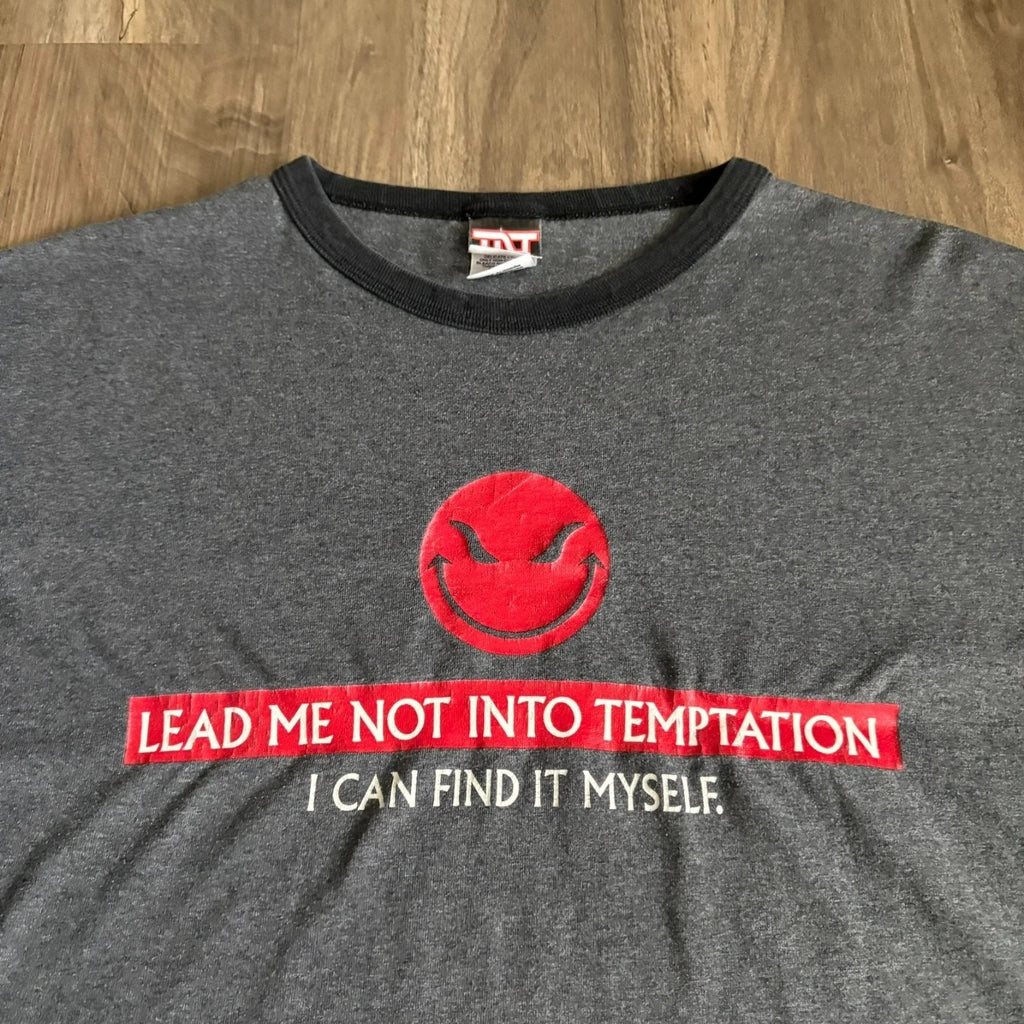 Vintage Y2K Evil Face Lead Me Not To Temptation T-shirt Size XL Skate Grunge