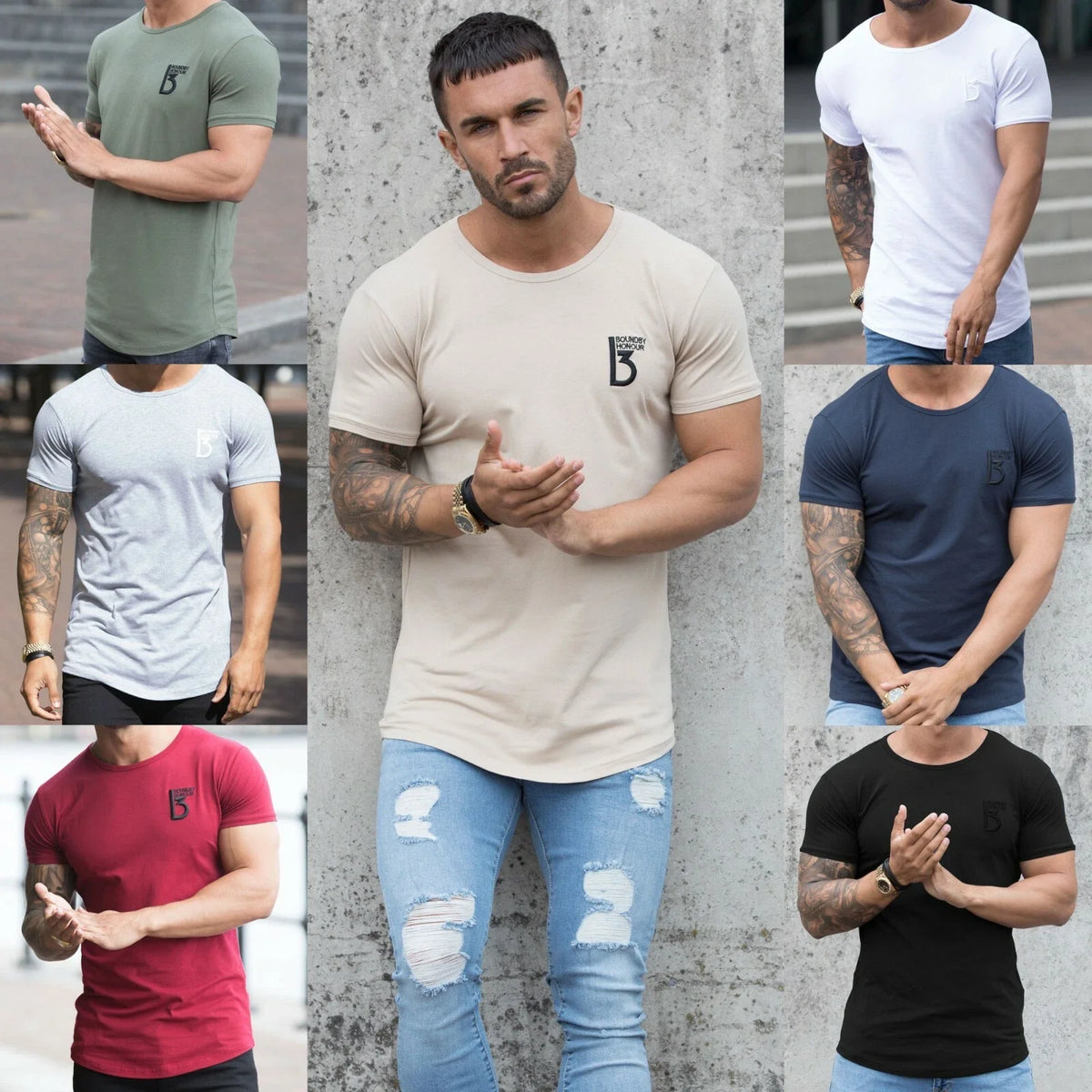 Bbh Designer Herren Slim Fit Muskel T-Shirt Fitness Einfarbig Gebogen Saum
