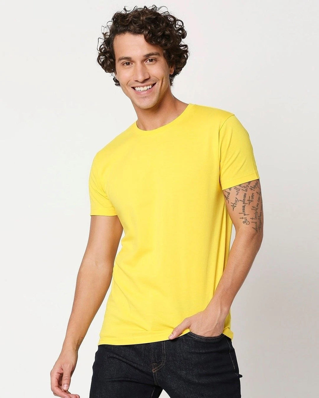 Yellow Solid Round Neck T-shirt  For Men's Half Sleeves Casual  Regular Fit Gift