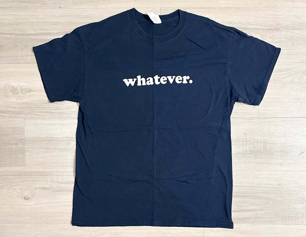 Y2K Whatever T-Shirt Men’s LARGE Navy Blue Minimalist Nevermind Slogan Tee