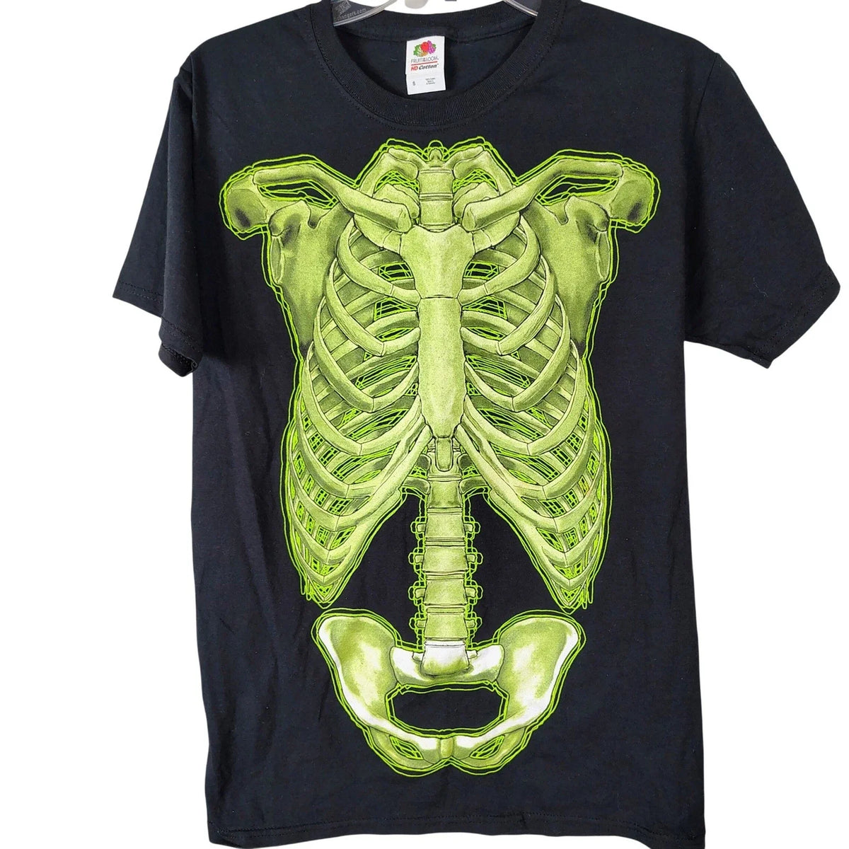 Fruit of the Loom HD Cotton Skeleton Rib Cage Graphic T-Shirt Black Neon Green S
