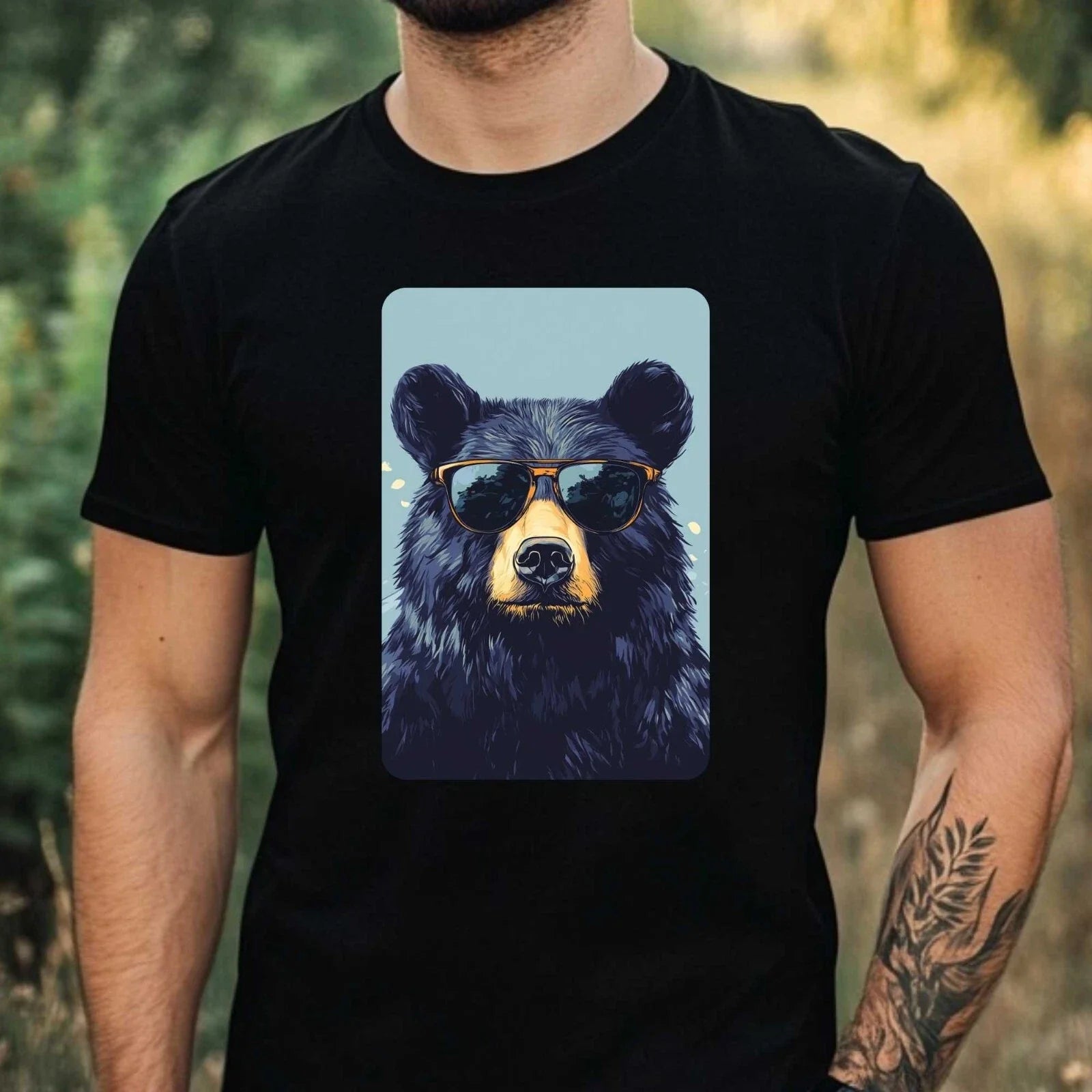 Mens Black Bear Sunglasses Print Cotton T-Shirt Size XS to 5XL