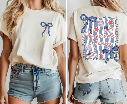 American Honey Patriotic Bow Flag Stars Cute Summer Graphic T shirt