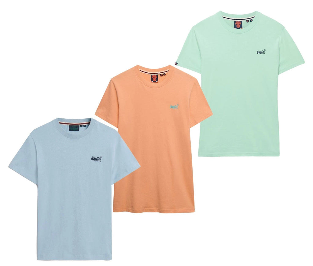 Superdry T Shirt Crew Neck Short Sleeve Essential Logo Tee Blue Coral Green