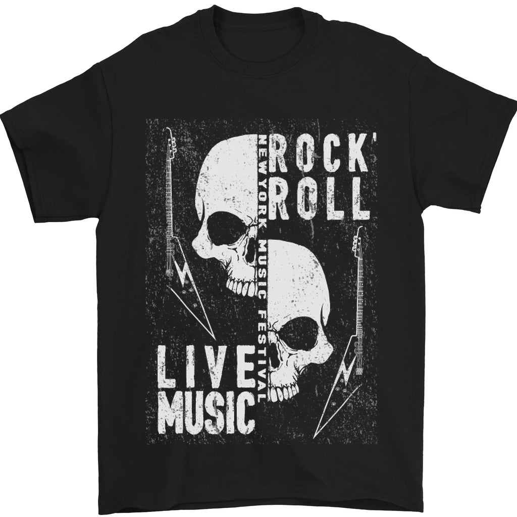 Rock n Roll Live Music Skull Guitar Mens T-Shirt 100% Cotton