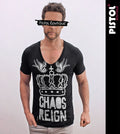 Pistol Boutique Men's T-Shirt Black Deep V Neck Fitted Jersey Cotton Crown