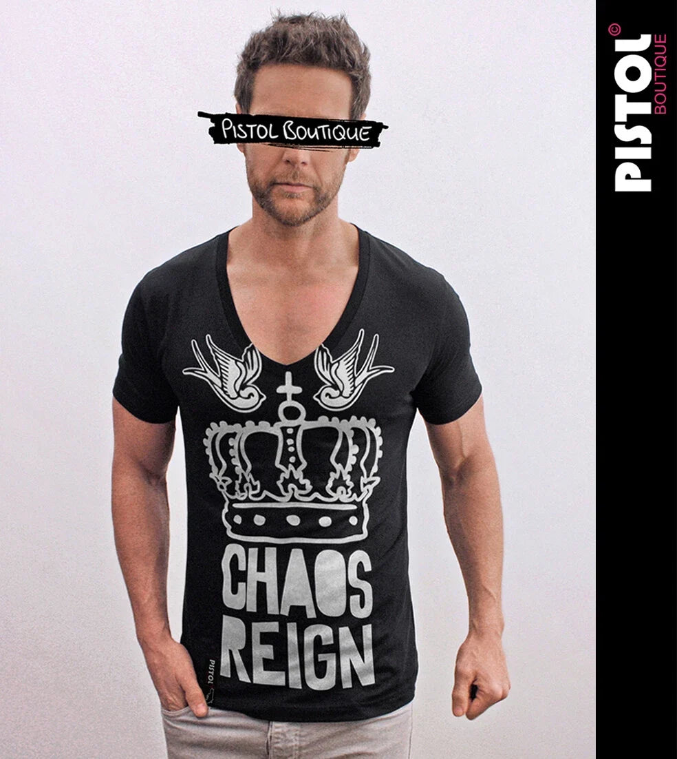 Pistol Boutique Men's T-Shirt Black Deep V Neck Fitted Jersey Cotton Crown