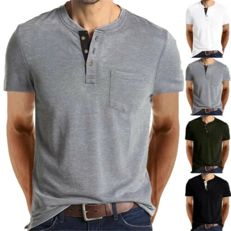 Mens Henley Neck T-Shirt Short Sleeve Loose Summer Casual Blouse Tee Shirt Tops