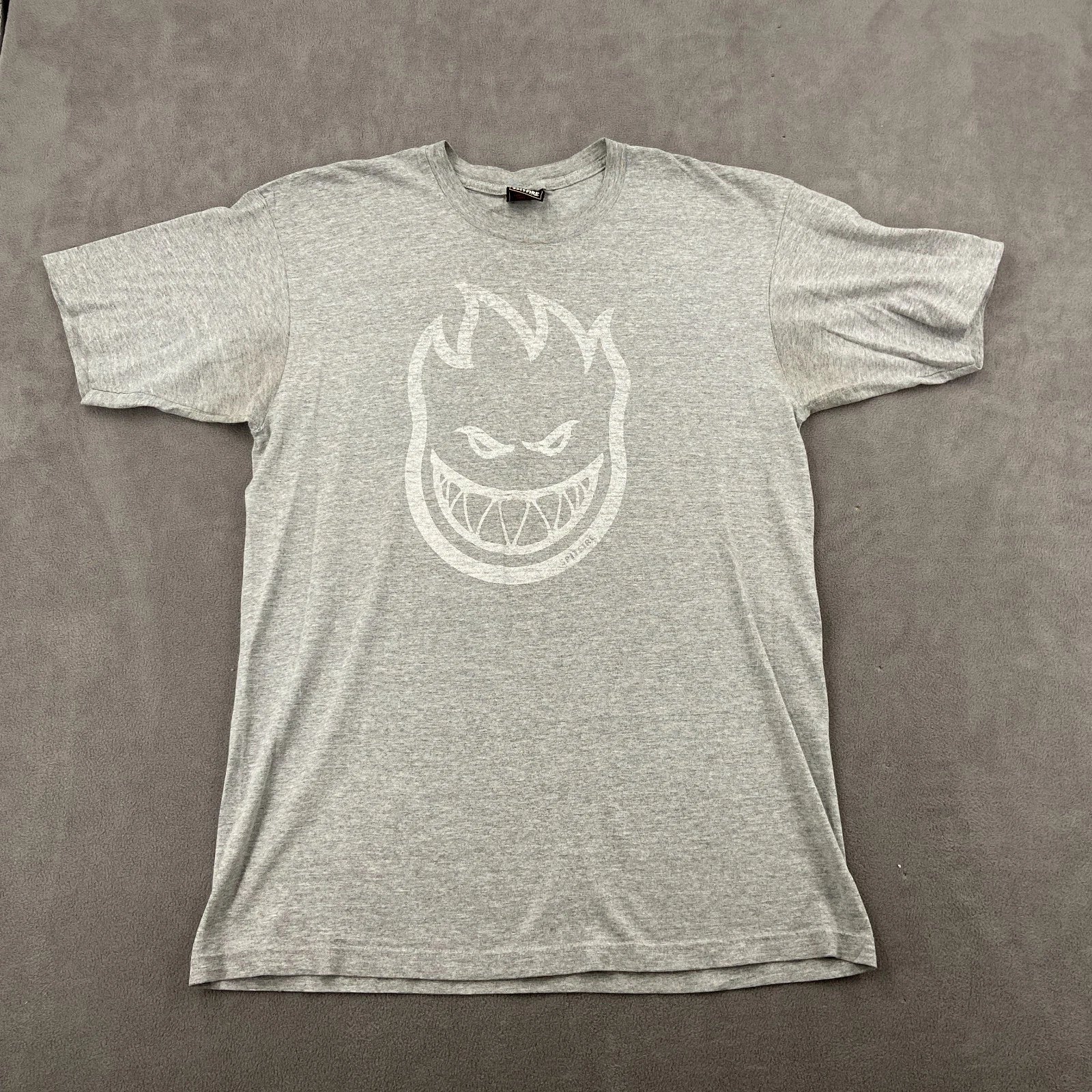 Vintage Y2K Spitfire T Shirt Sz L Gray Wheels Bighead Logo Skateboarding Grunge