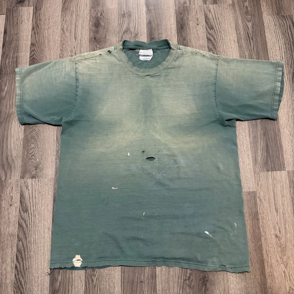 Vintage Fruit Of The Loom Blank T-Shirt Forest Green Sun Faded Thrashed Boxy L