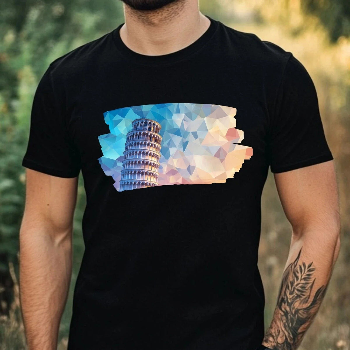 Mens Pisa Tower Polygonal Motif Cotton T-Shirt Size XS to 5XL