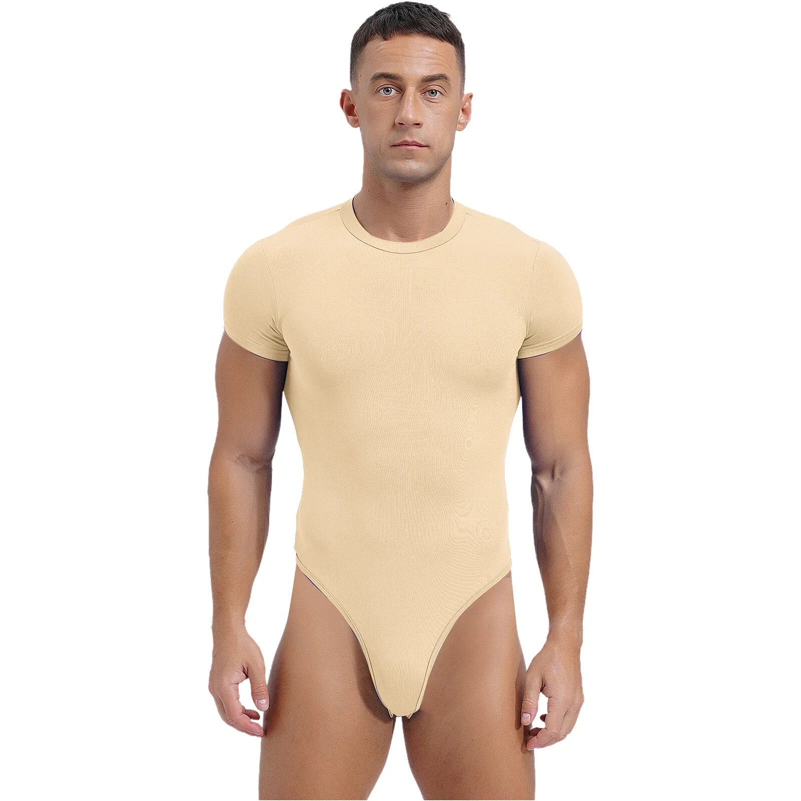 Men’s Short Sleeve Bodysuit Athletic High Waist Jumpsuit Stretchy Button Bodycon