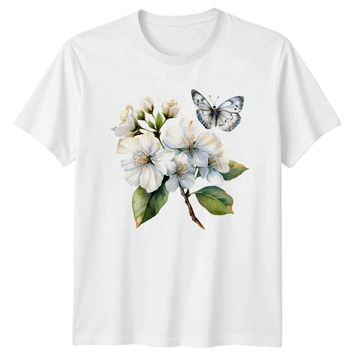 White Flowers Butterflies Nature Floral Unisex Mens Womens Graphic Tee Shirt