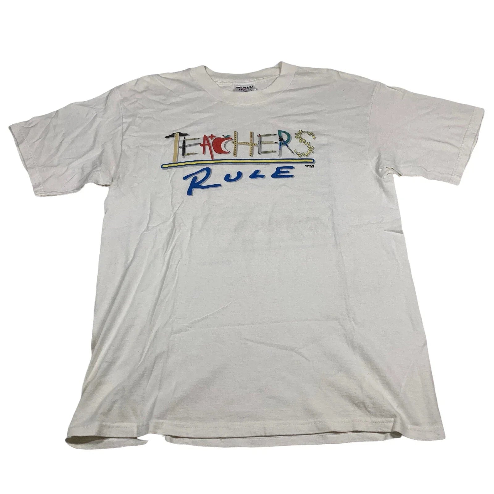 Vintage 90’s Teachers Rule Shirt White Sz L Funny Joke Novelty Dad Tee