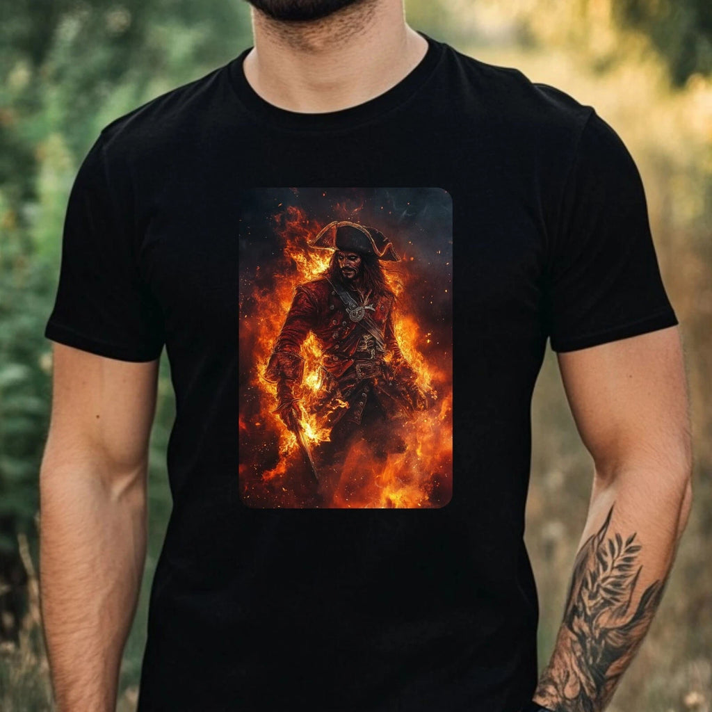 Mens Pirate on Fire Motif Cotton T-Shirt Size XS to 5XL