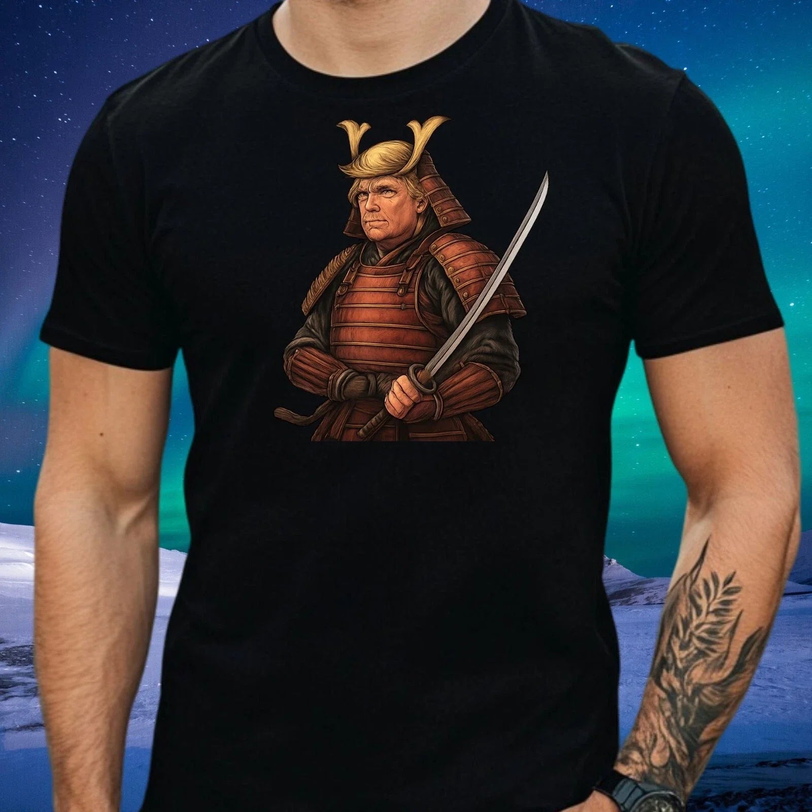 Mens Samurai Trump Motif Cotton T-Shirt Size XS to 5XL