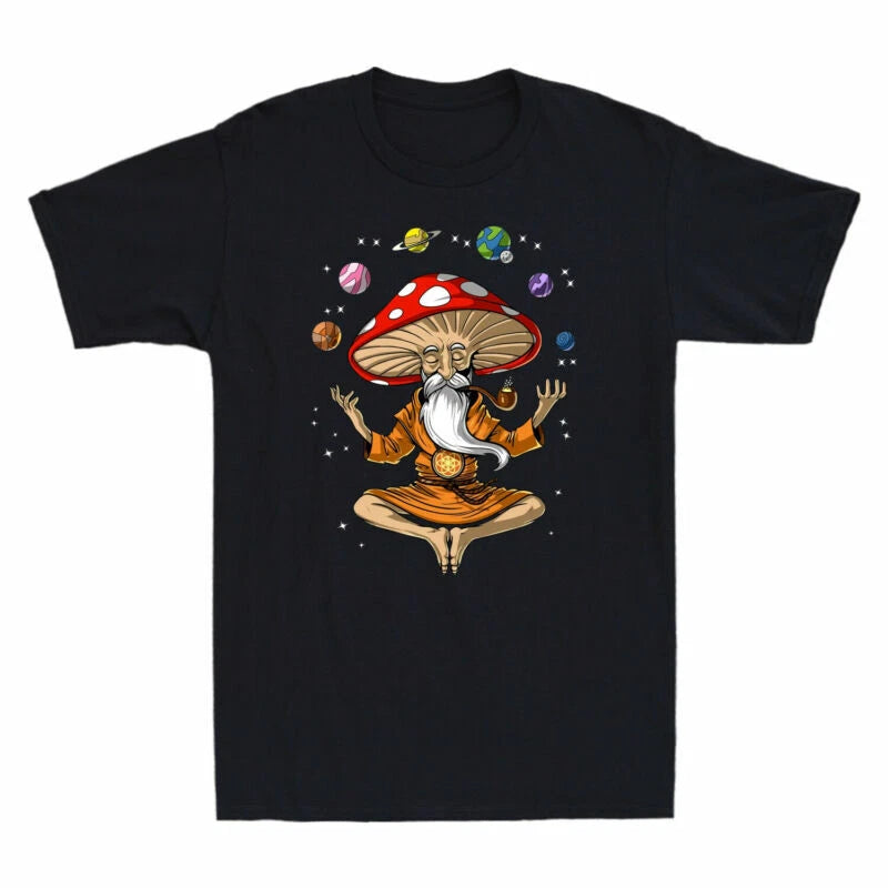Cotton Tee Mushroom Men's Magic Meditation Funny T-Shirt Black Psychedelic Yoga