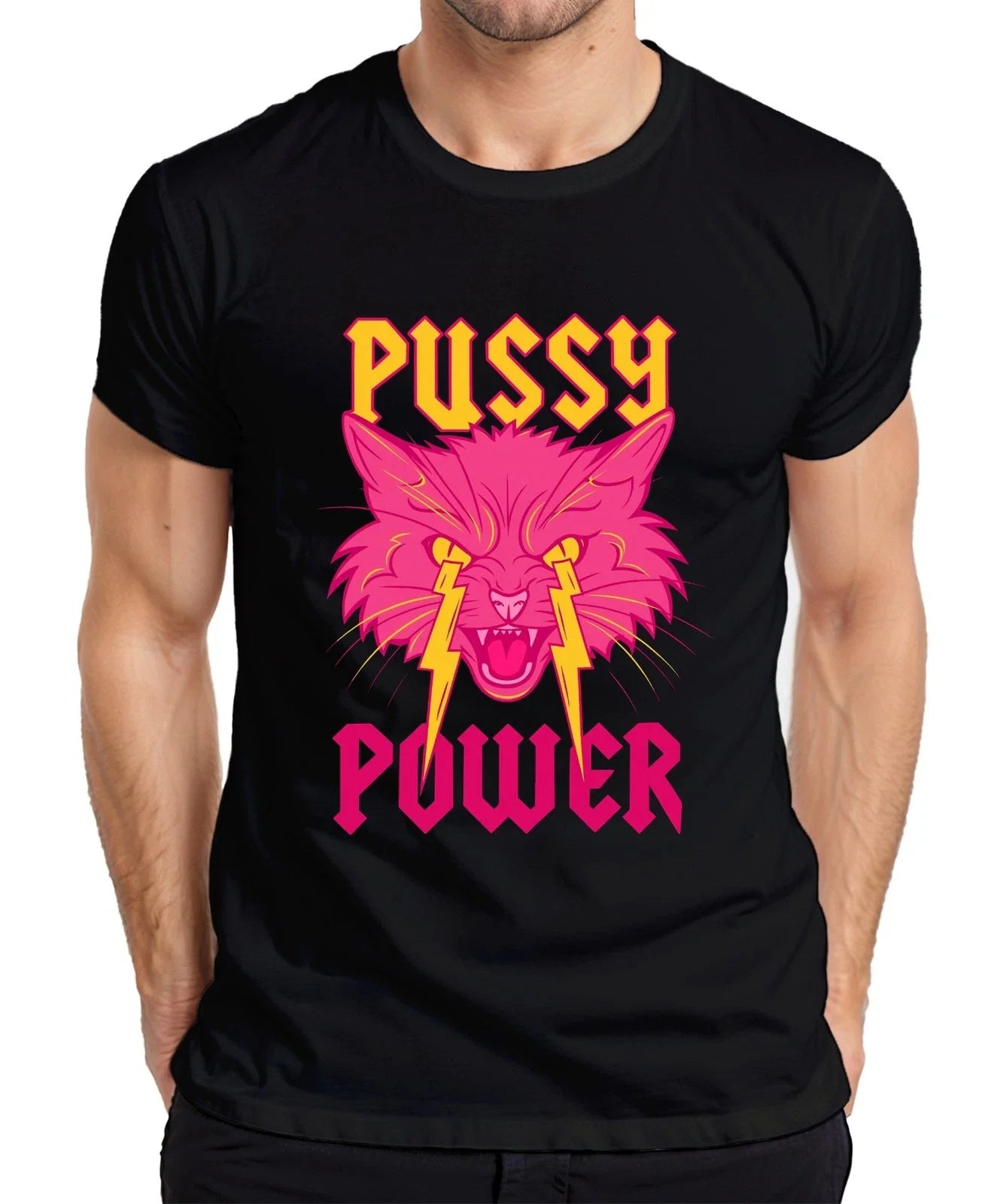 Pussy Power Women Power Cat Lightning Neon Punk Retro Feminism Mens T-Shirt