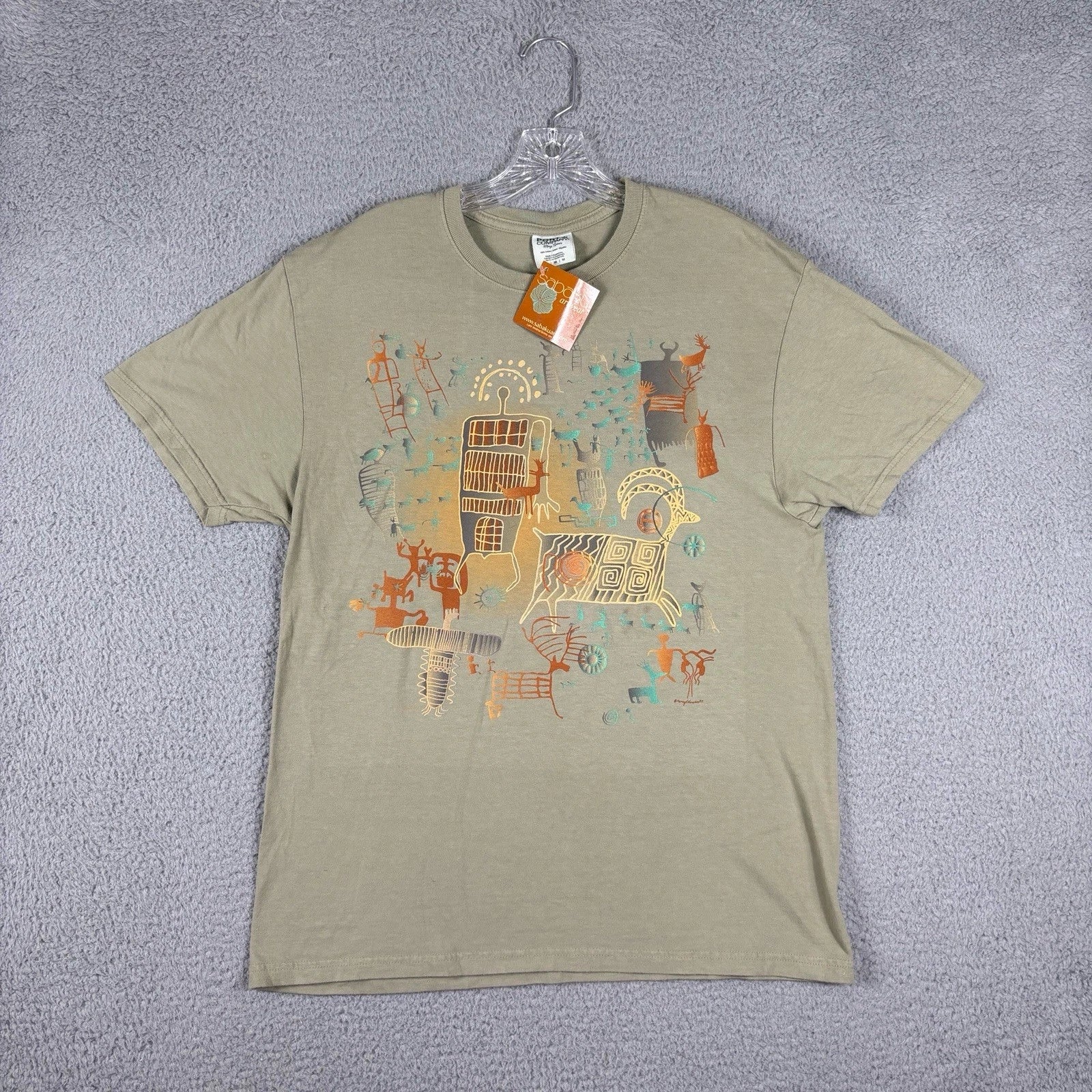 Vtg Sabaku Artwear T-shirt Adult Medium Green Ancestors Double Side NOS 2007