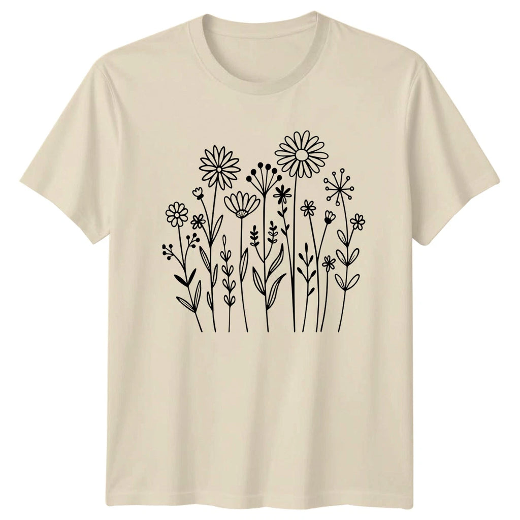 A Simple Black And White Womens T-Shirt Botanical Line Art Floral Mothers Day