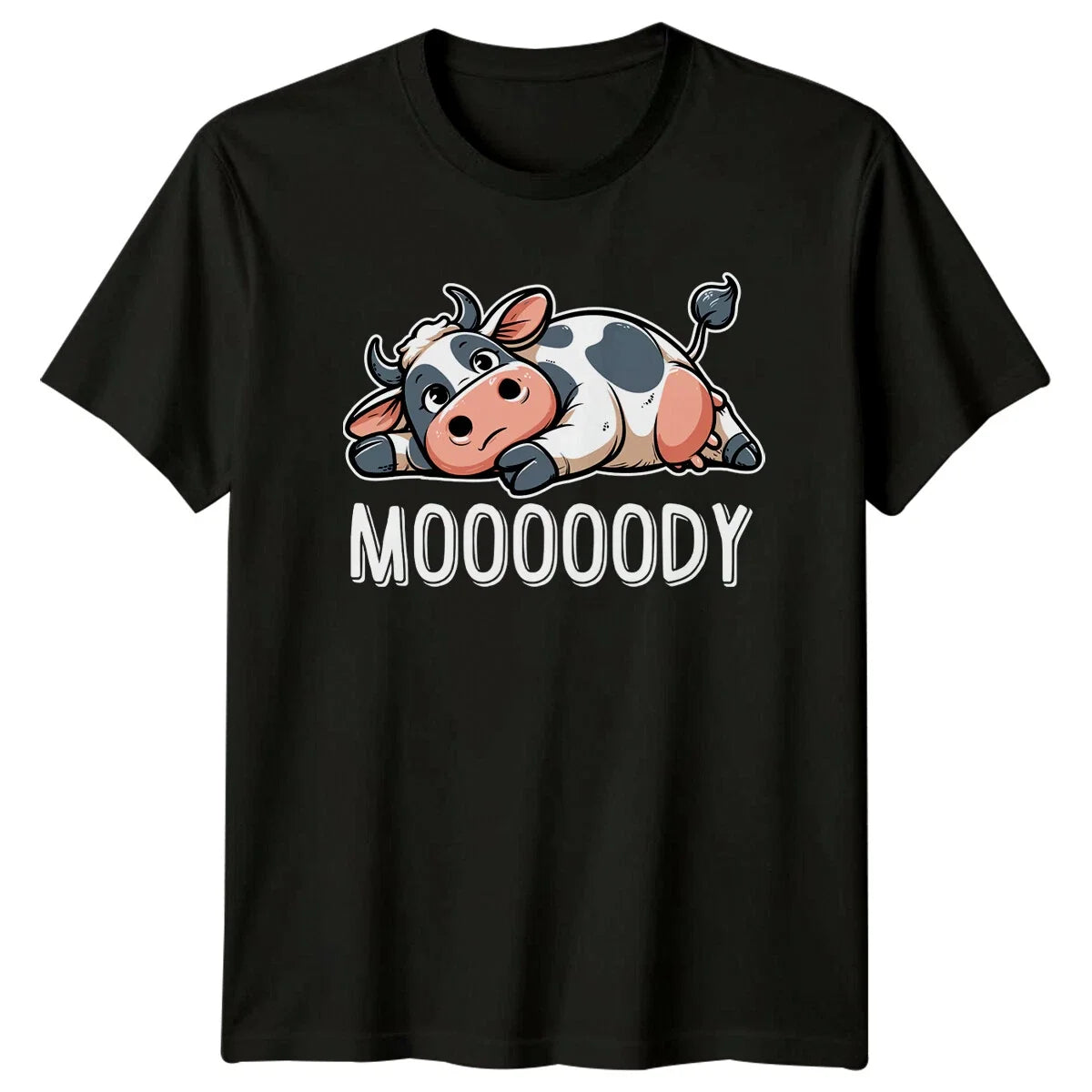 Mooody Cow T-Shirt Funny Animal Pun Lazy Cartoon Graphic Tee