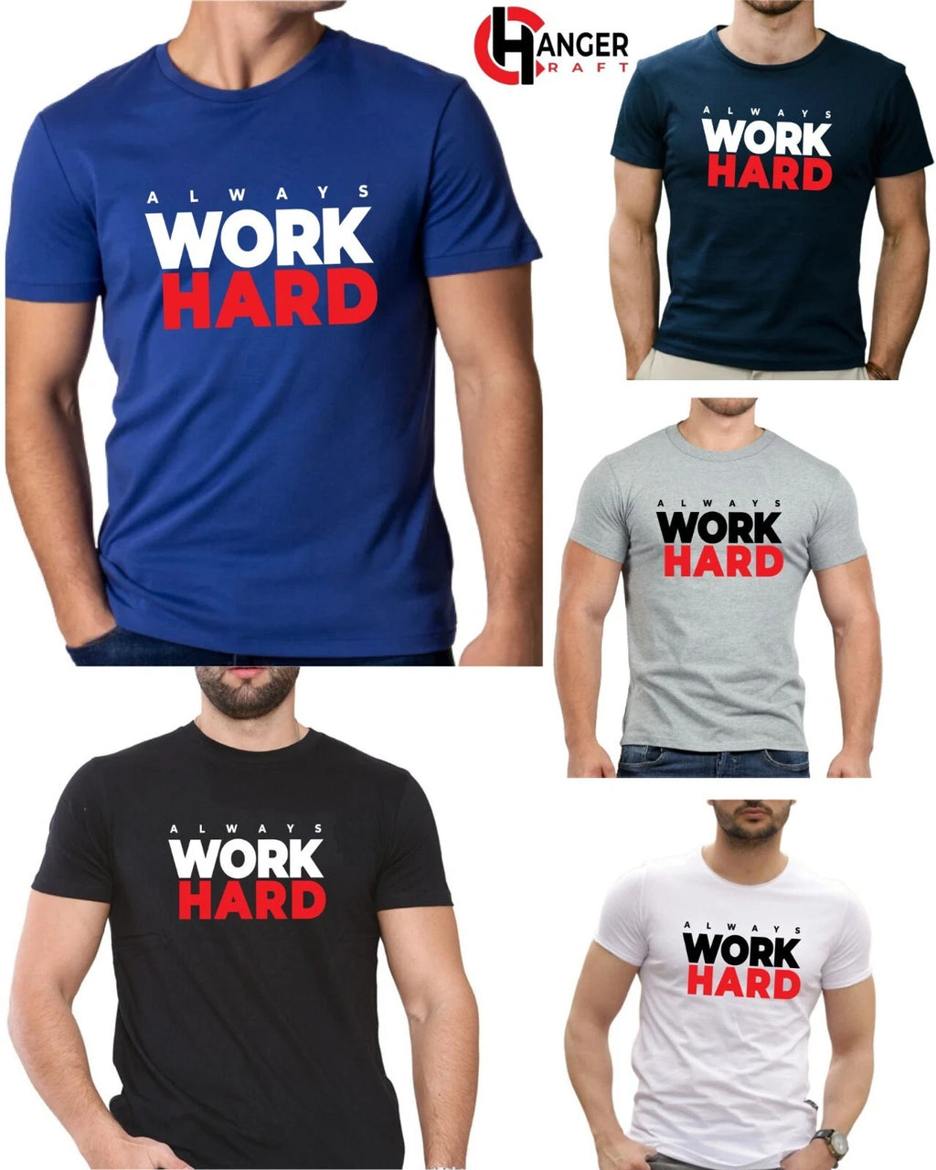 WORK HARD Printed T-Shirts for Men Round Neck Comfy Men tees Casual Party TShirt