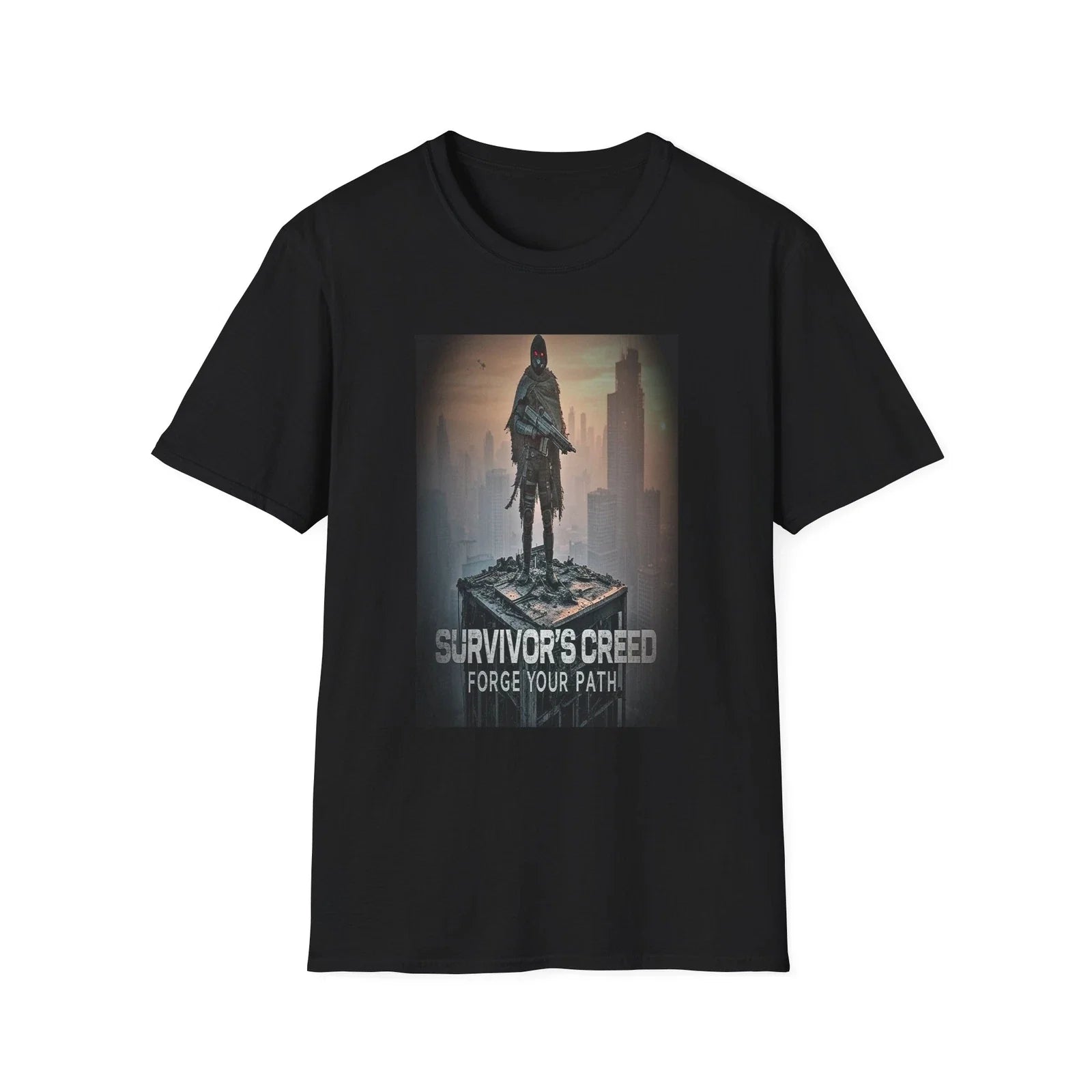 Survivor's Creed Forge Your Path-Gaming Graphic Tee, Post-Apocalyptic Art, black