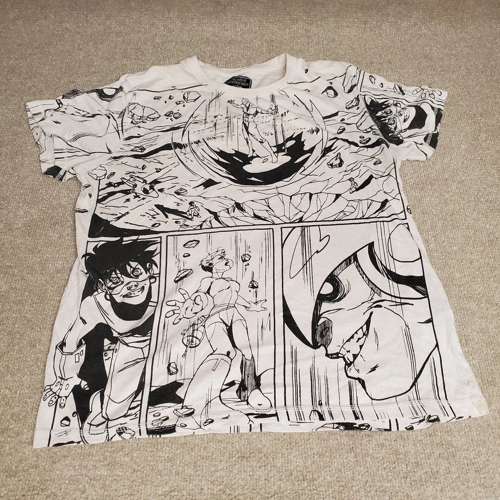 Creative Destruction T-Shirt White Cotton Gray Comic Book Print Size Large