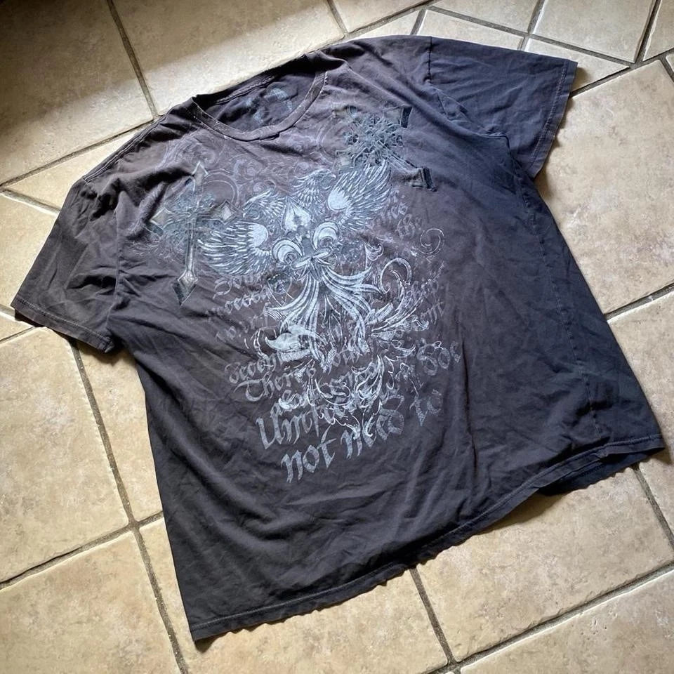 Y2k Grunge Style Wings And Cross Graphic Shirt Size Xxl Mens