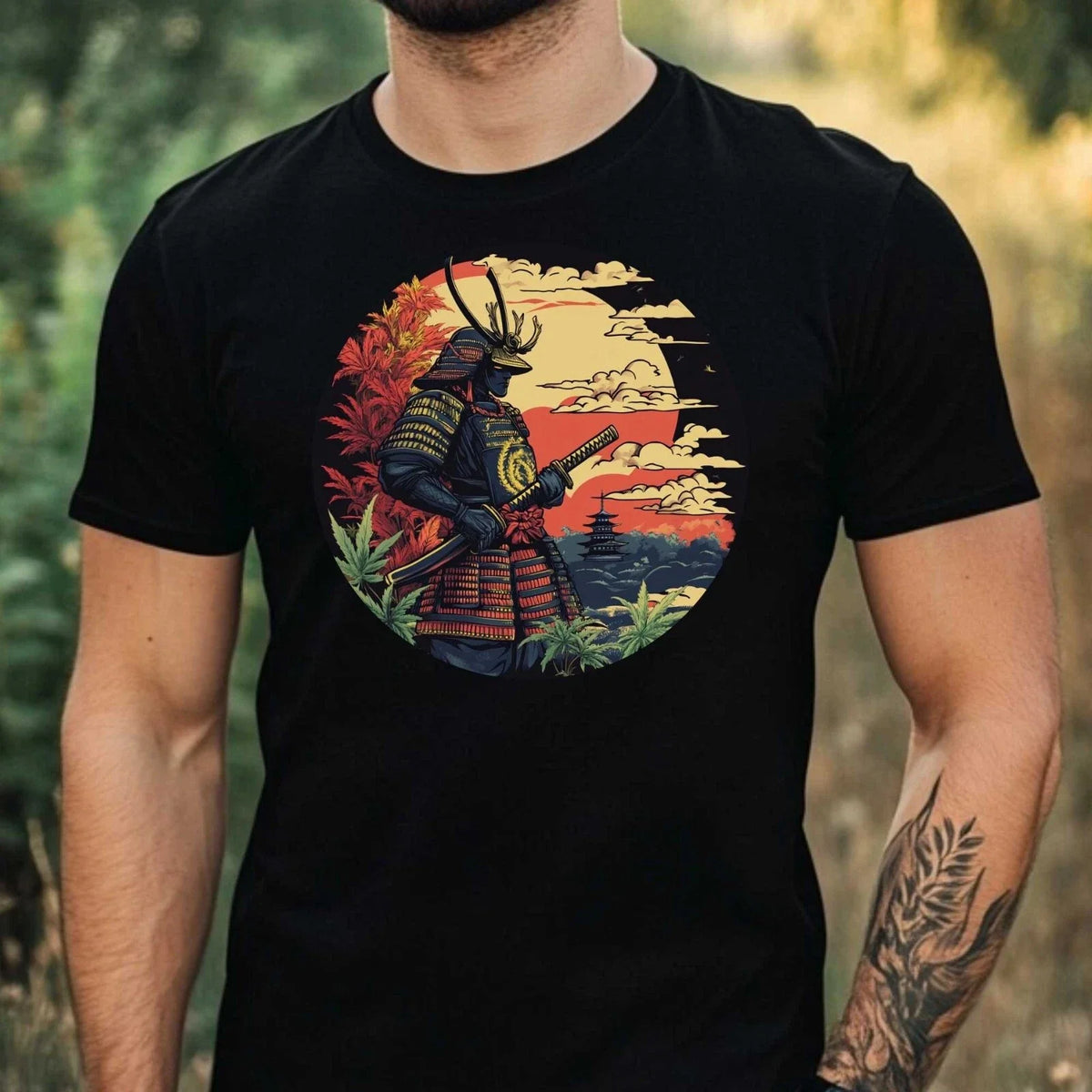 Mens Samurai Grass Print Cotton T-Shirt Size XS to 5XL
