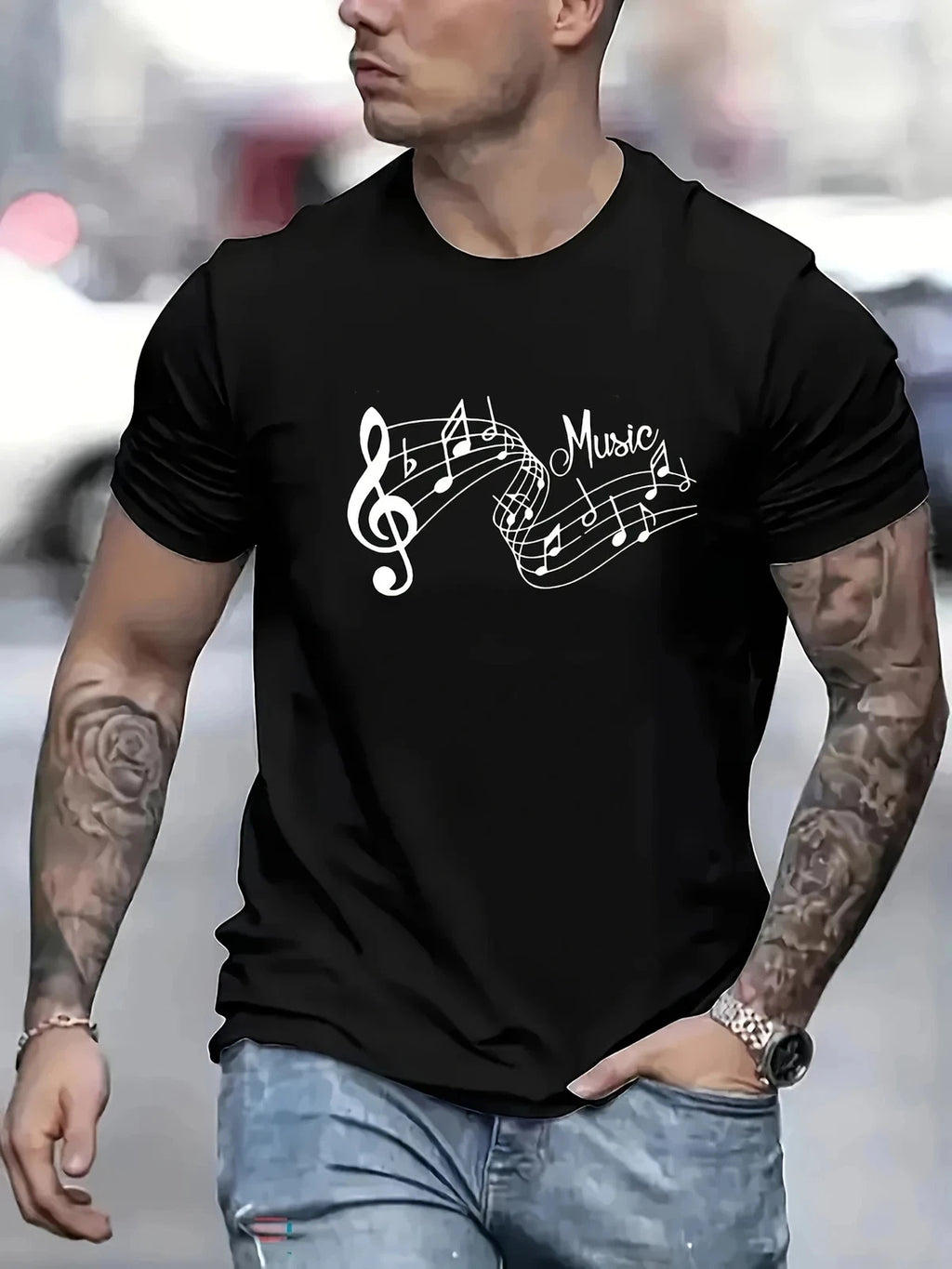 Musical Note Graphic Men's Short Sleeve T-shirt, Comfy Stretchy Trendy Tees