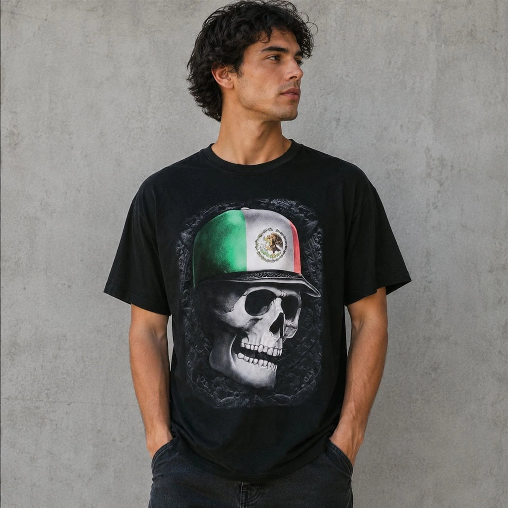 Men Skull Graphic T Shirt Mexican Flag Casual Streetwear Black Size XL
