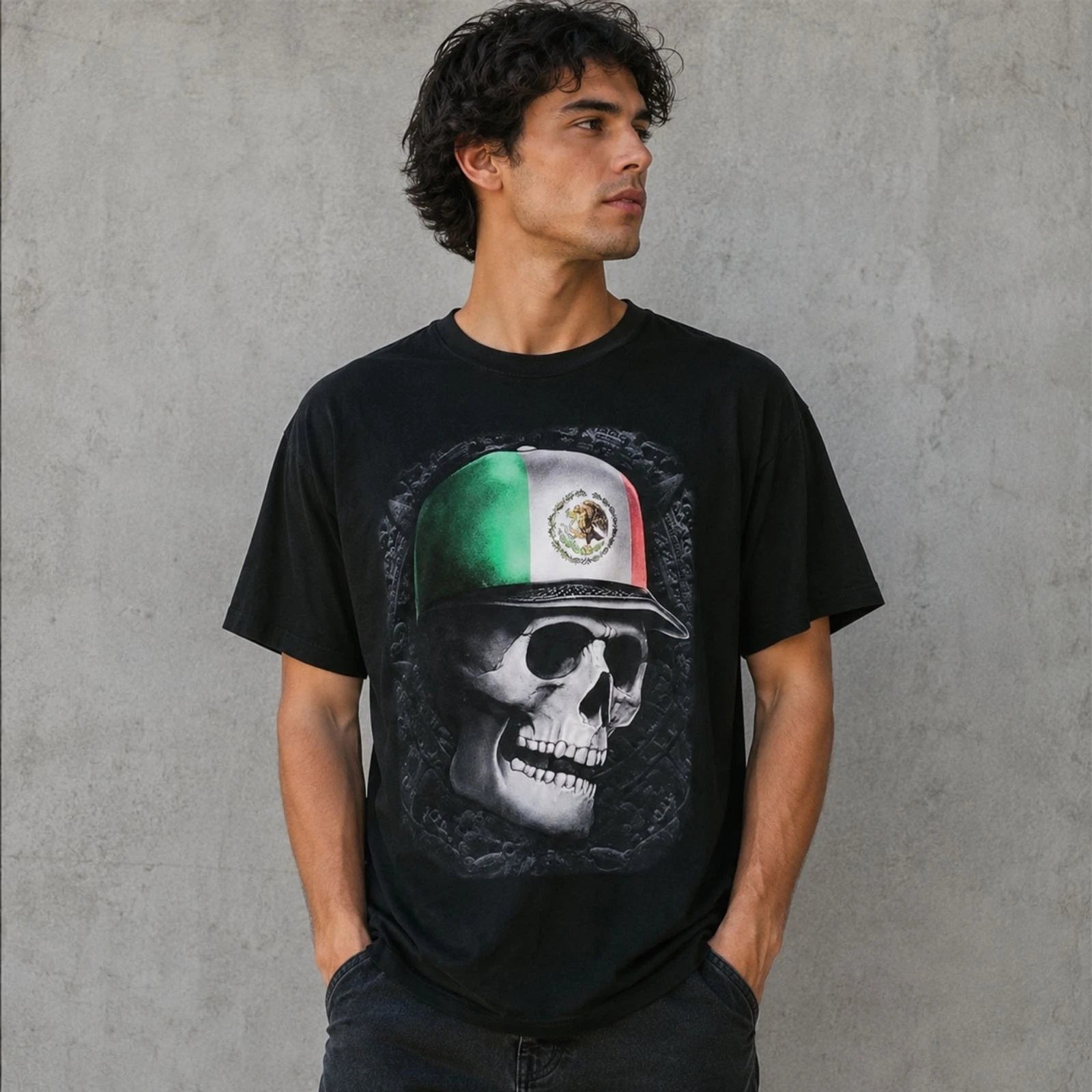 Men Skull Graphic T Shirt Mexican Flag Casual Streetwear Black Size XL
