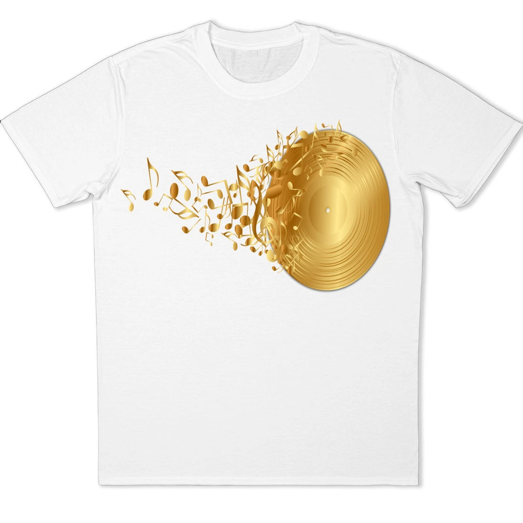 Gold Vinyl Record Shatter Graphic T-Shirt Music DJ Tee Abstract Art Retro Gift