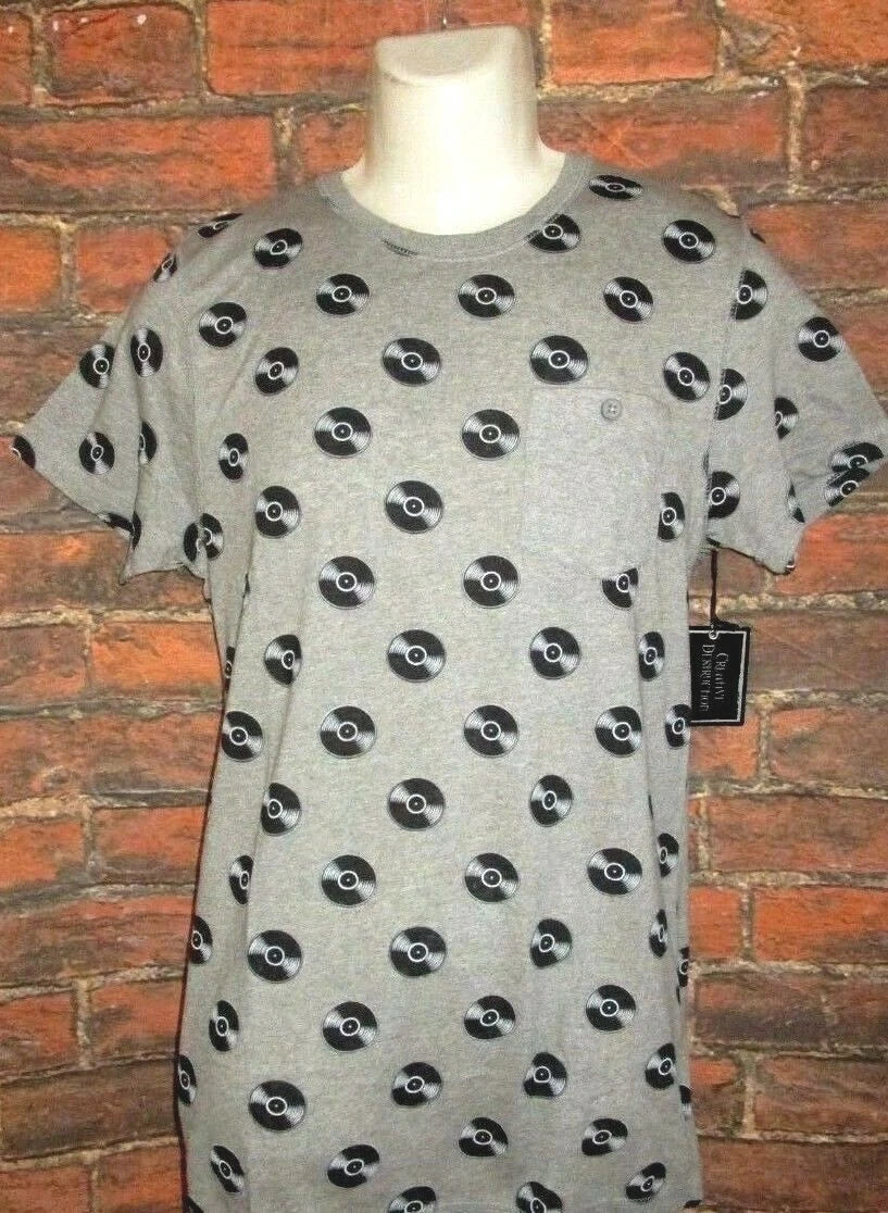 MENS CREATIVE DESTRUCTION VINYL RECORD HEATHER GRAY POCKET T-SHIRT SIZE L