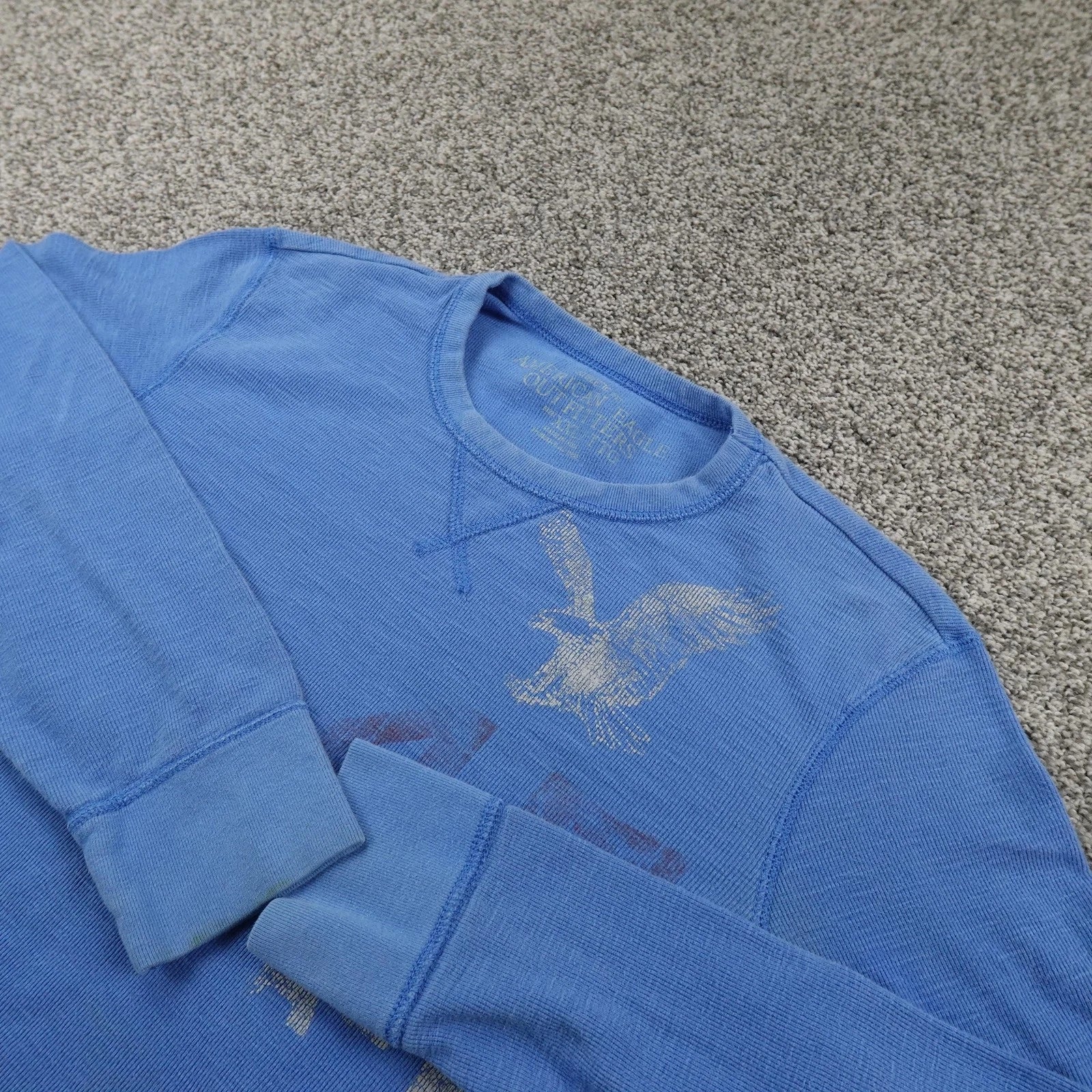 American Eagle Shirt Mens 2XL Blue Waffle Knit Thermal Graphic Pullover Y2K 00s