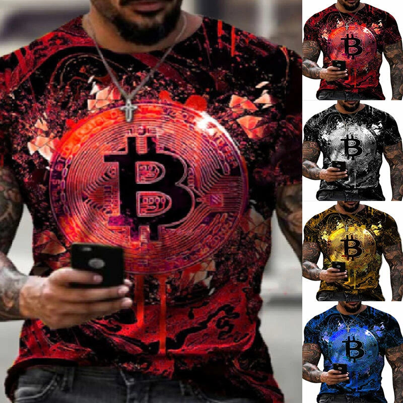 Punk Men Bitcoin Dye Print Short Sleeve Blouse Shirts Crew Neck Tops T-shirt Tee