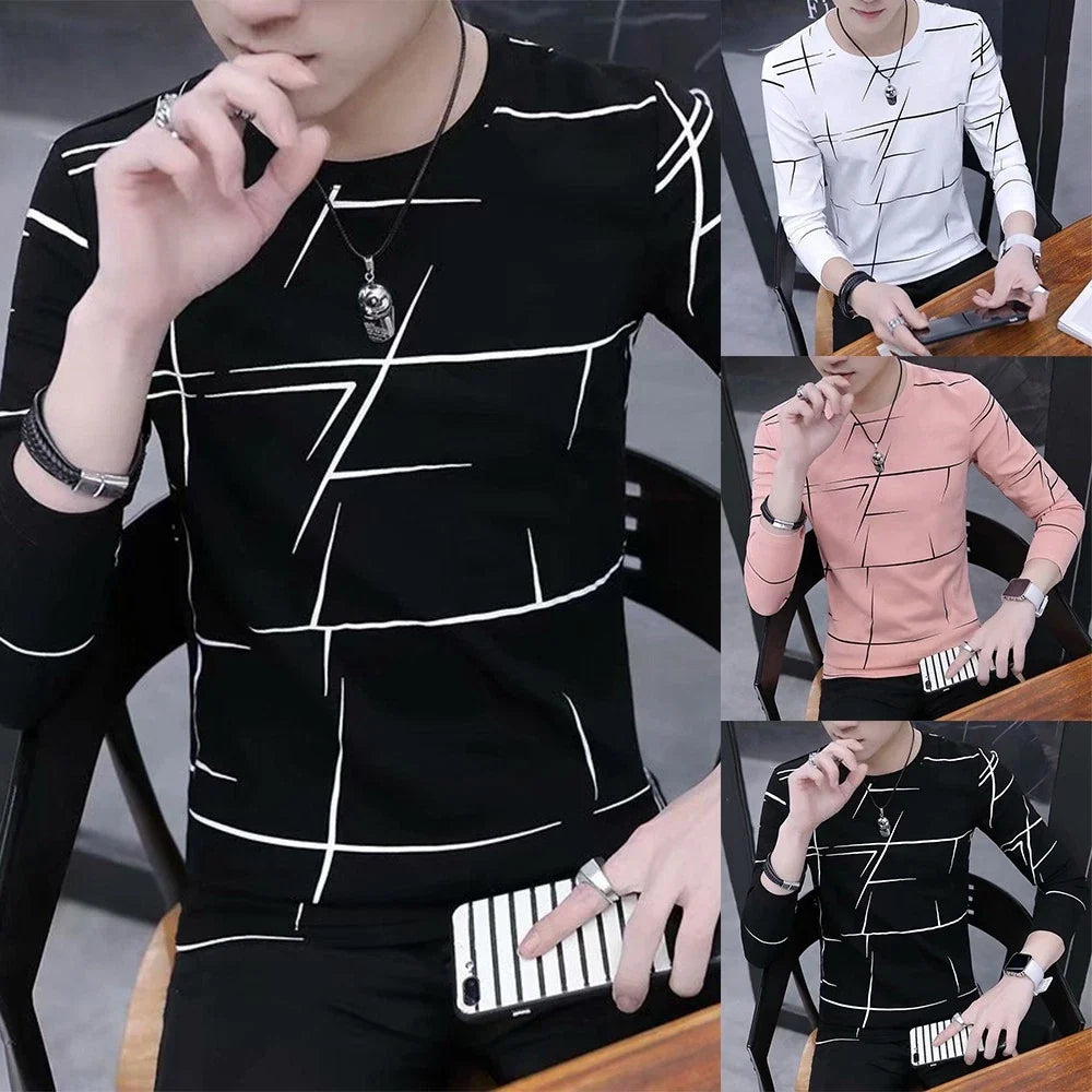 Men Sexy Crew Neck Print T-Shirt Blouse Pullover Long-Sleeve Slim For Muscle Top
