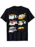 Unisex Kawaii Sushi Cat Graphic T-Shirt - 100% Cotton, Black with Playful Neko D