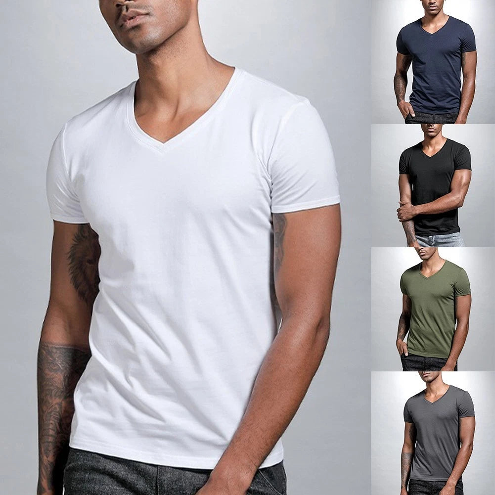 Short Sleeve V Neck Polyester Men's T Shirt for Slim Fit Casual and Fitness