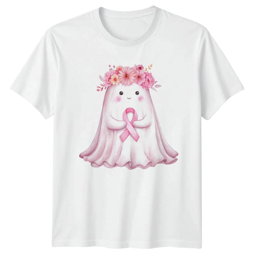Cute Ghost Wearing Pink Ribbon Womens T-Shirt Breast Cancer Awareness Gift